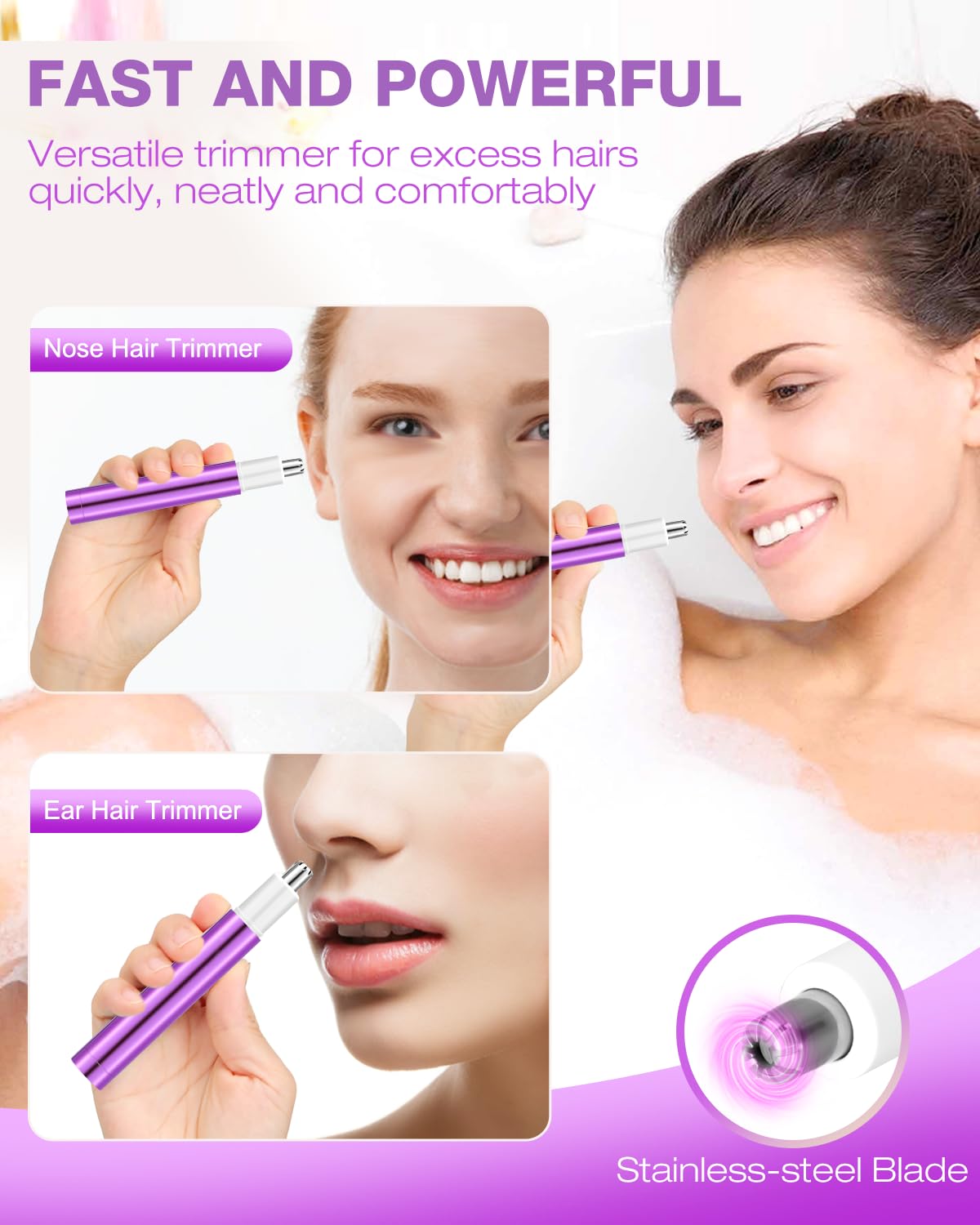 Painless Nose Hair Trimmer for Women Rechargeable 2025 Upgrade Nose Trimmer Ladies Noses Hair Trimmer Dual Edge Blades with IPX7 Waterproof,Powerful Motor,Easy Cleansing,Purple - Image 2