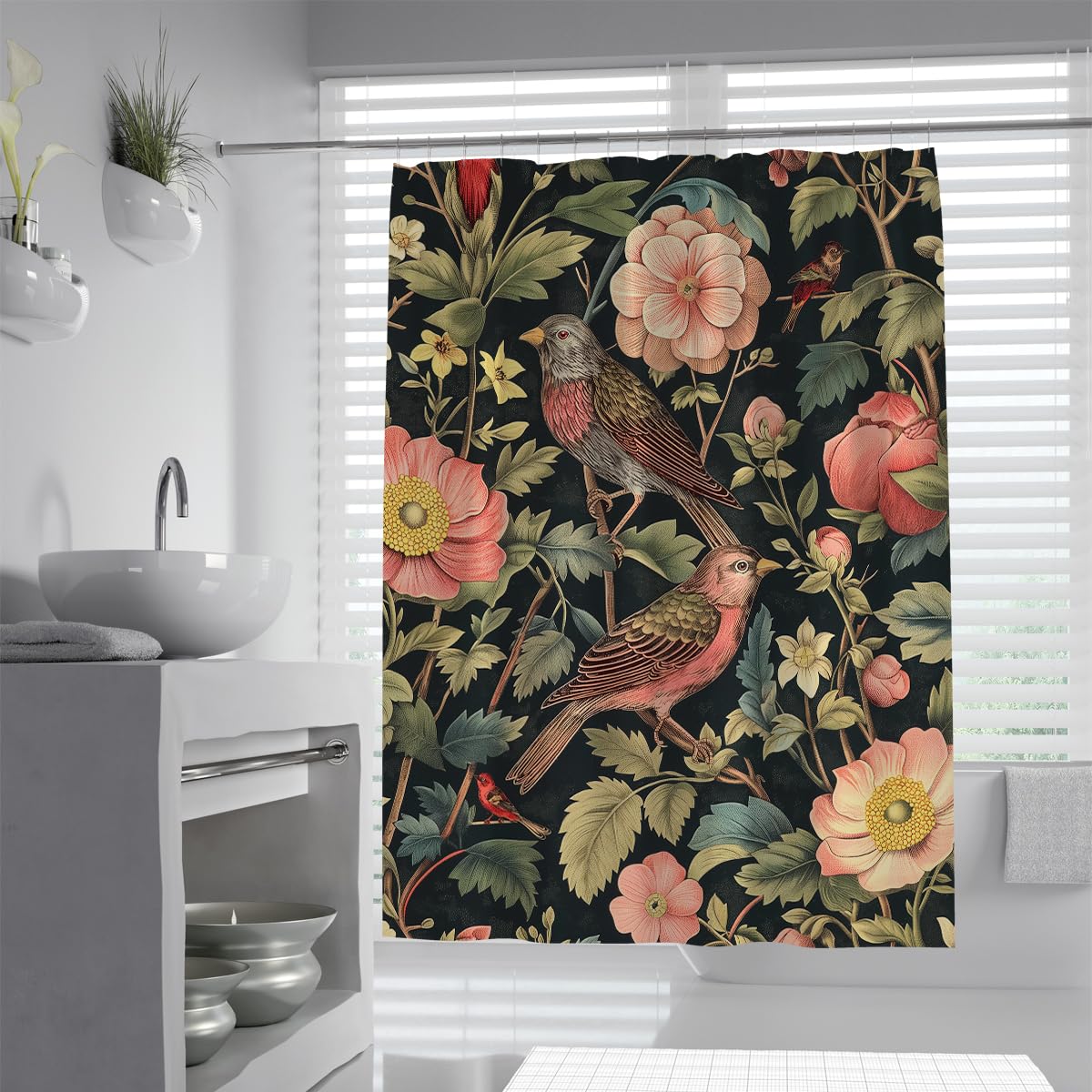 OLLIAR Home Extra Long Vintage Peonies Birds Shower Curtain 180x180 Cottage Garden Bath Curtains Waterproof Fabric Floral Bathroom Shower Curtain Set with Hooks