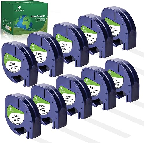 Paquete de 10 cintas de etiquetas de repuesto compatibles para repuestos DYMO para etiquetadoras, Letra Tag LT 91330, papel blanco, 0.472 in x 13.1