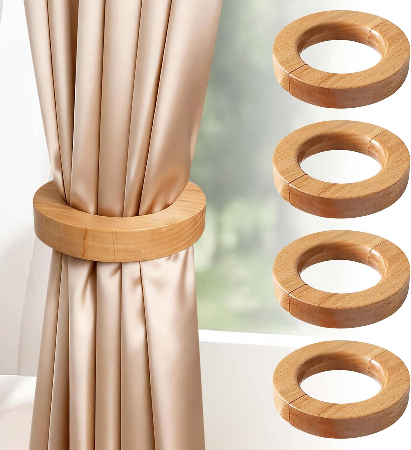 4PCS Wood Curtain Tiebacks Holdbacks,Wooden Magnetic Curtain Tiebacks 3.9 in Diameter,Boho and European Retro Curtain Clips,Strong Magnetic for Home,Office,Gifts,Multifunctional Pants Hanger