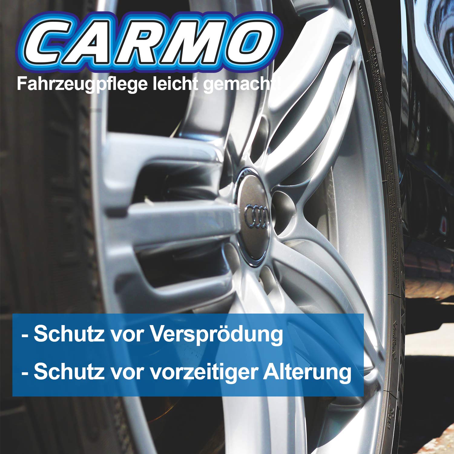 CARMO 3X Reifenglanz | mit Langzeitwirkung | Für neuwertigen Glanz | Wet-Look – tiefschwarz ohne fettige Oberfläche | Schützt vor Umwelteinflüssen | UV-Schutz | Pflege von Gummidichtungen | 400ml