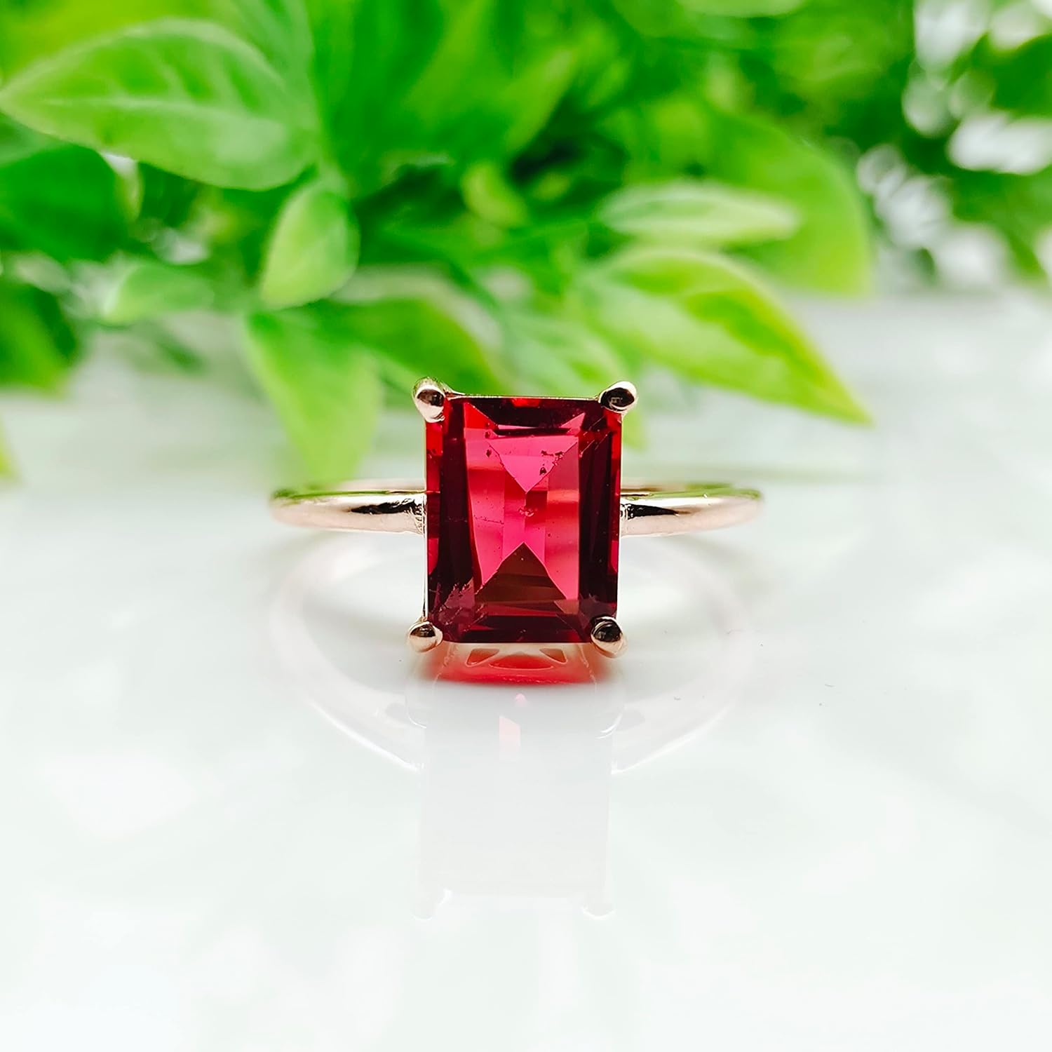 7x9mm Emerald Cut Lab Created Ruby Ring, Solid Yellow Gold Engagement Ring, Moissanite Bridal Ring, Wedding Promise Ring, Red Gemstone Ring By Forever Gems & Jewels