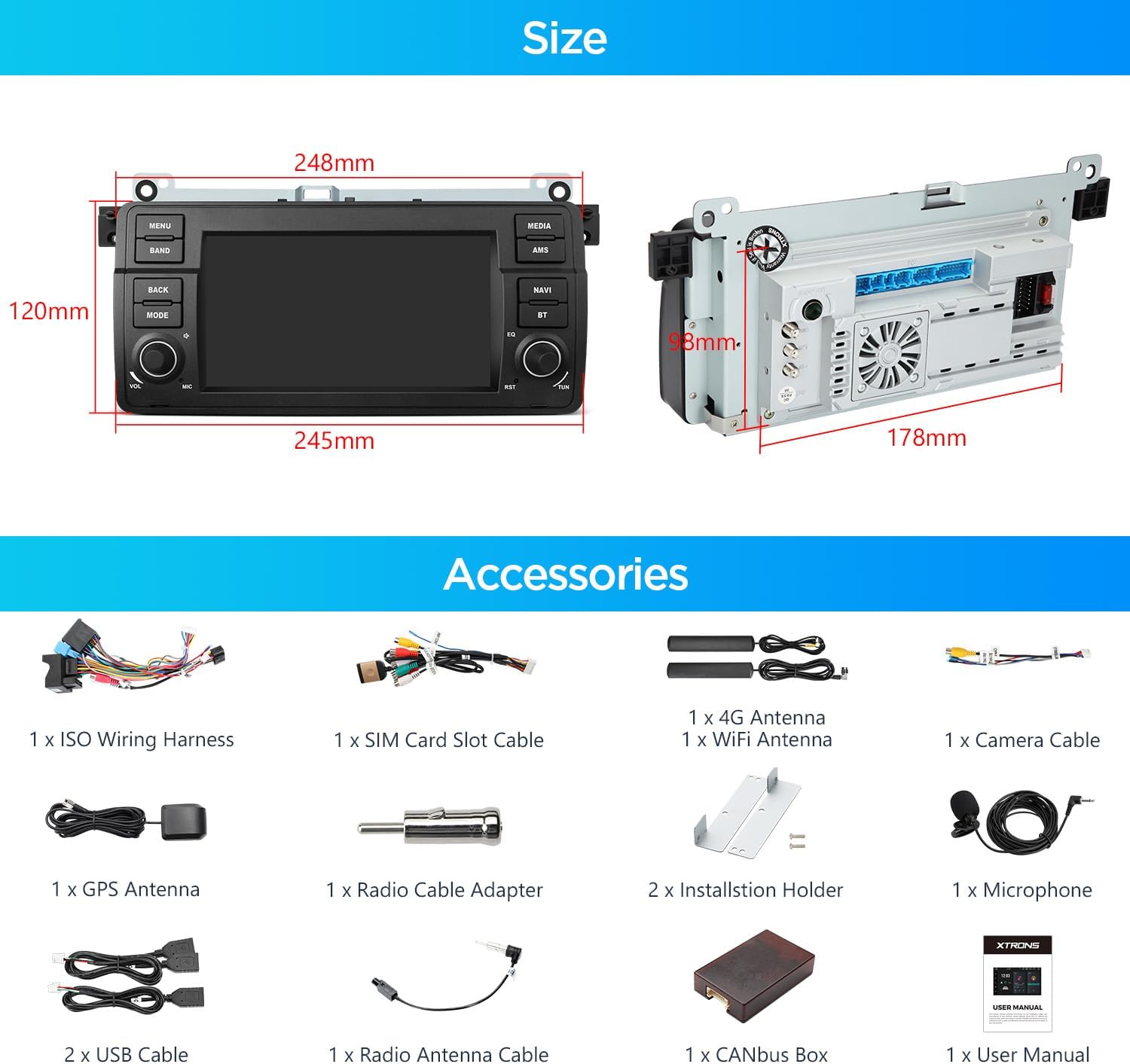 Diagram showing the dimensions of the XTRONS car stereo and a layout of all included accessories.