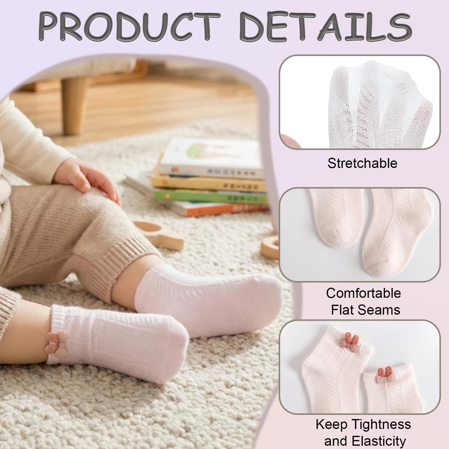 SYGA 2-Pairs Baby Socks Set Mesh Short Cotton with Rabbit Cartoon Pattern for Ages 1-3 Years (White, Pink) 1