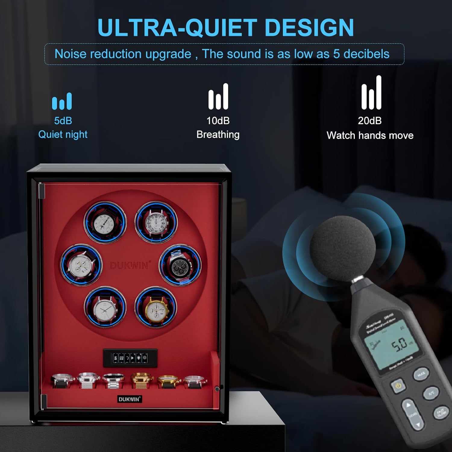DUKWIN Fingerprint Lock Watch Winder for 6 Automatic Watches, Red Automatic Watch Winder with 6 Holders, LCD Display, Adjustable Watches Pillow and RGB LED Light for Gentles and Ladies, 8 TPD