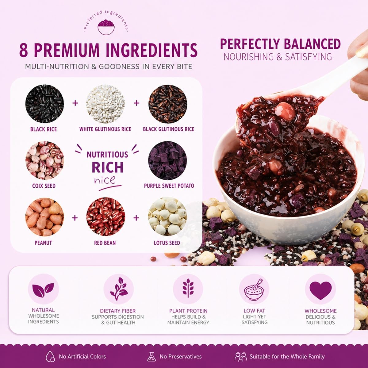 Patata Dolce Riso Nero Cereali Porridge Zuppa Colazione Miscela | Confezione 1250g Con Arachidi Fagioli Loto Per Cuociriso. Chicchi Pieni, Rapporto Acqua Da 1:7 A 1:10.