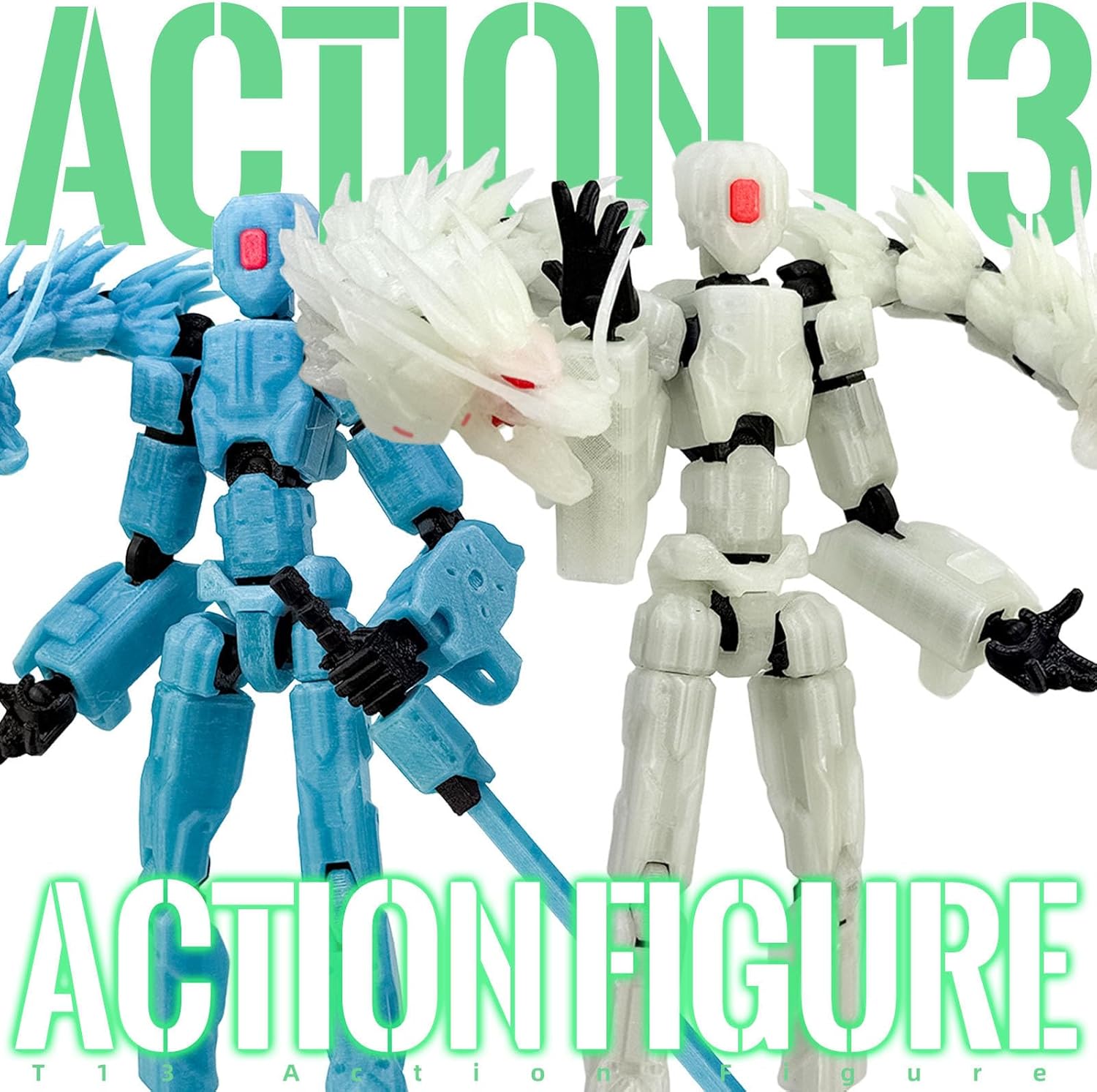 8inch T13 Assembly Completed Action Figure Set,T13 Multi-Jointed Movable There is a 3D Printed Dragon on his Body,for Collectors Desktop Decorations t-13 Movability 3D Printed Toys (White Hair Green)