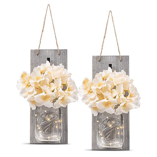 HOMKO Decorative Mason Jar Wall Decor - Rustic Wall Sconces with 6-Hour Timer LED Fairy Lights and Flowers - Farmhouse Home Decor (Set of 2) - Gray - Medium