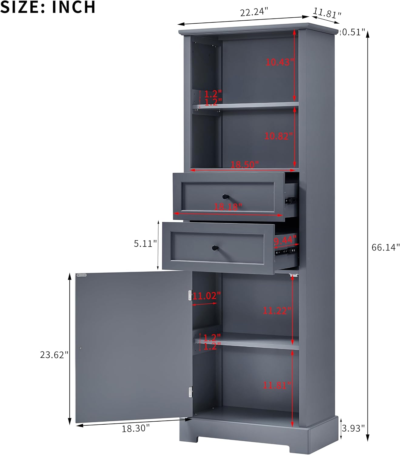 Tall Bathroom Cabinet with Door, 2 Drawers and 2 Open Shelves, Slim Storage Tower with Adjustable Shelf, Narrow Bathroom Cabinet, Linen Cabinet for Living Room (Grey)