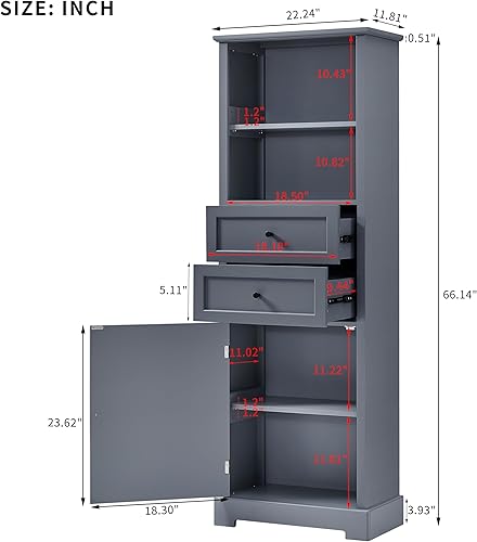 Miniatura 2 de Armario de baño alto con puerta, 2 cajones y 2 estantes abiertos, torre de almacenamiento delgada con estante ajustable, gabinete de baño estrecho,