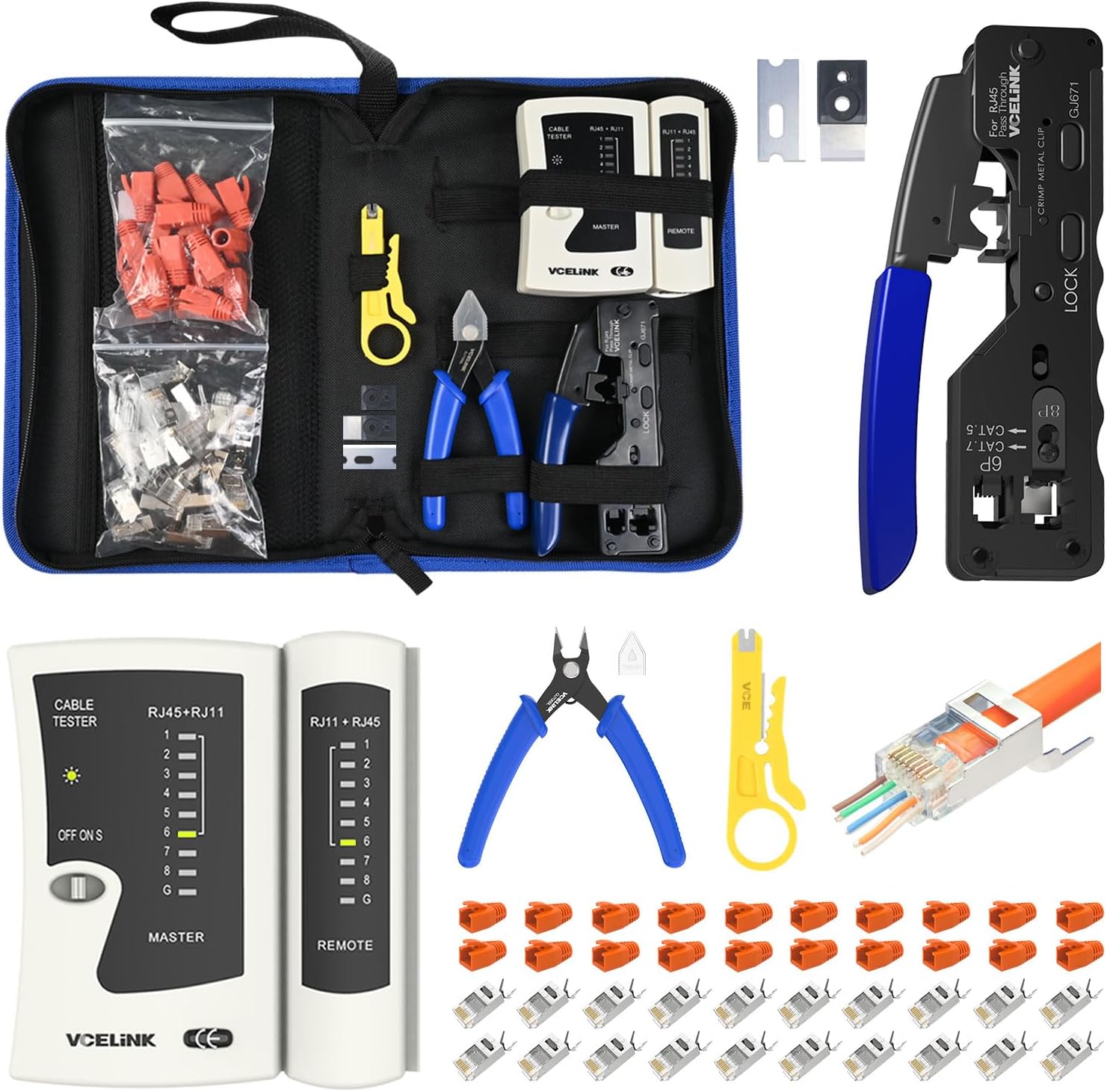RJ45 Crimpzange Set, Netzwerk Werkzeug Set mit 4 x Cat7/6a RJ45 Stecker
