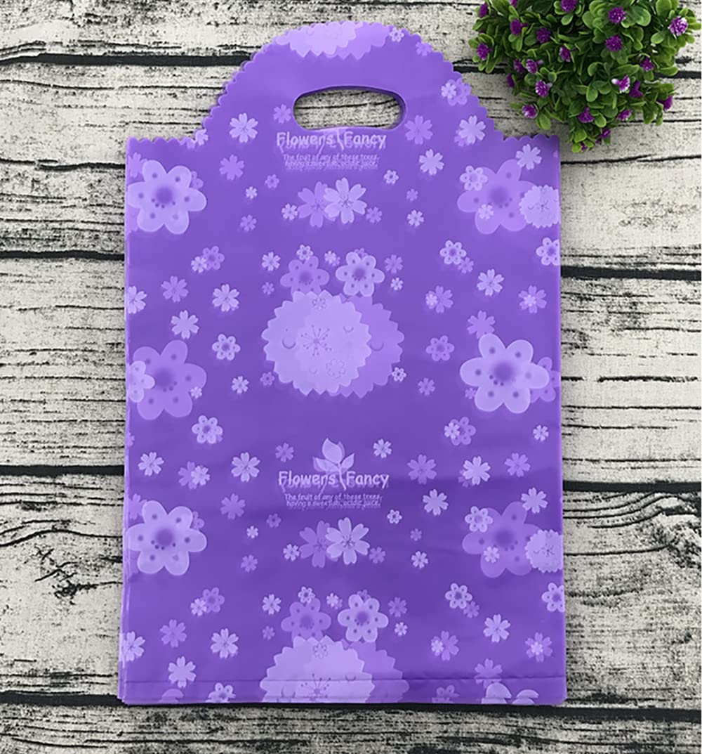 100 Count 7.8" x 9.8" Plastic Merchandise Bags, Shopping Bags, Retail Bags, Boutique Bags with Handles - Purple Flower (More Patterns Available)