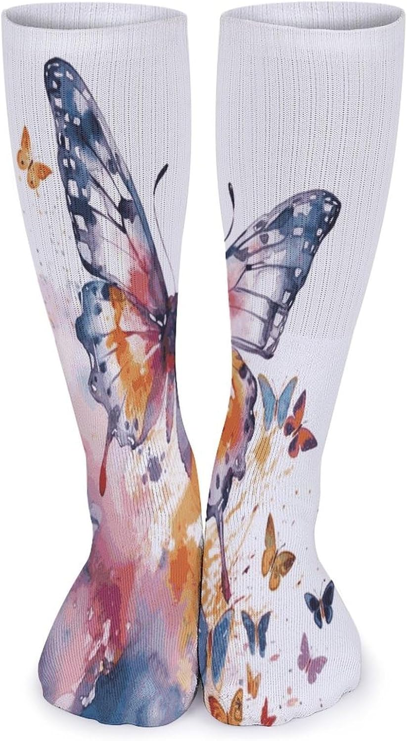 Watercolor Butterfly Knee High Socks Cozy Knee High Socks Soft Mid-Length Sock for All Seasons Daily Wear Adult