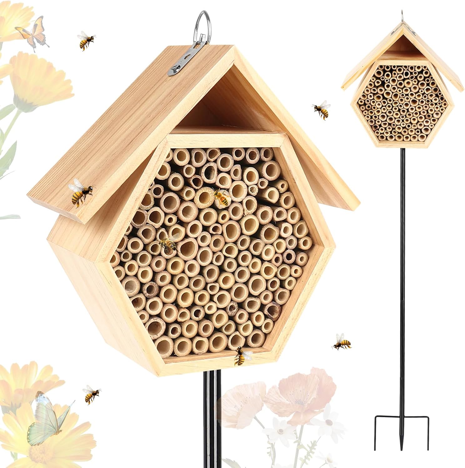 Mason Bee House for Garden, Natural Wooden Bee Habitat with Metal Ground Stake, Attracts Pollinators, Improve Garden Productivity, Outdoor Decoration