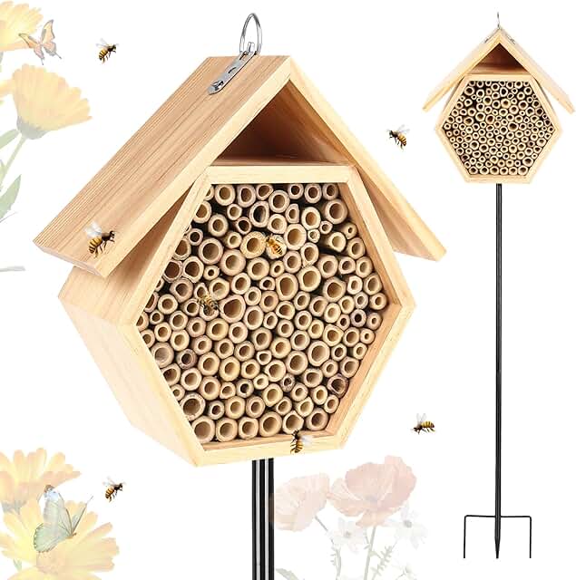 Mason Bee House for Garden, Natural Wooden Bee Habitat with Metal Ground...