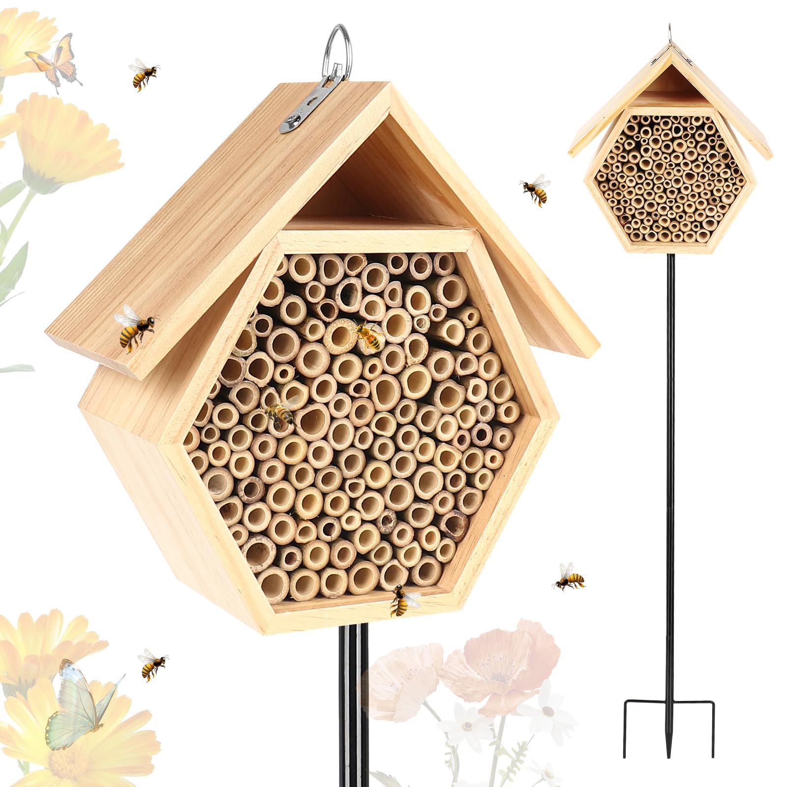 Mason Bee House for Garden,Natural Wooden Bee Hive with Metal Ground Stake