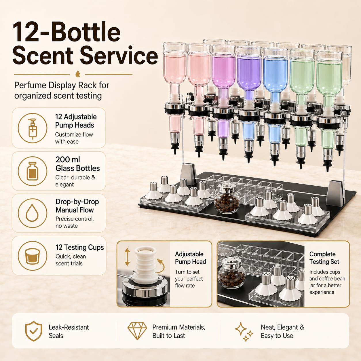 Espositore manuale per profumi, con 12 bottiglie da 200 ml, 12 testine regolabili e 12 tazze di prova, per bar e supporto da scrivania
