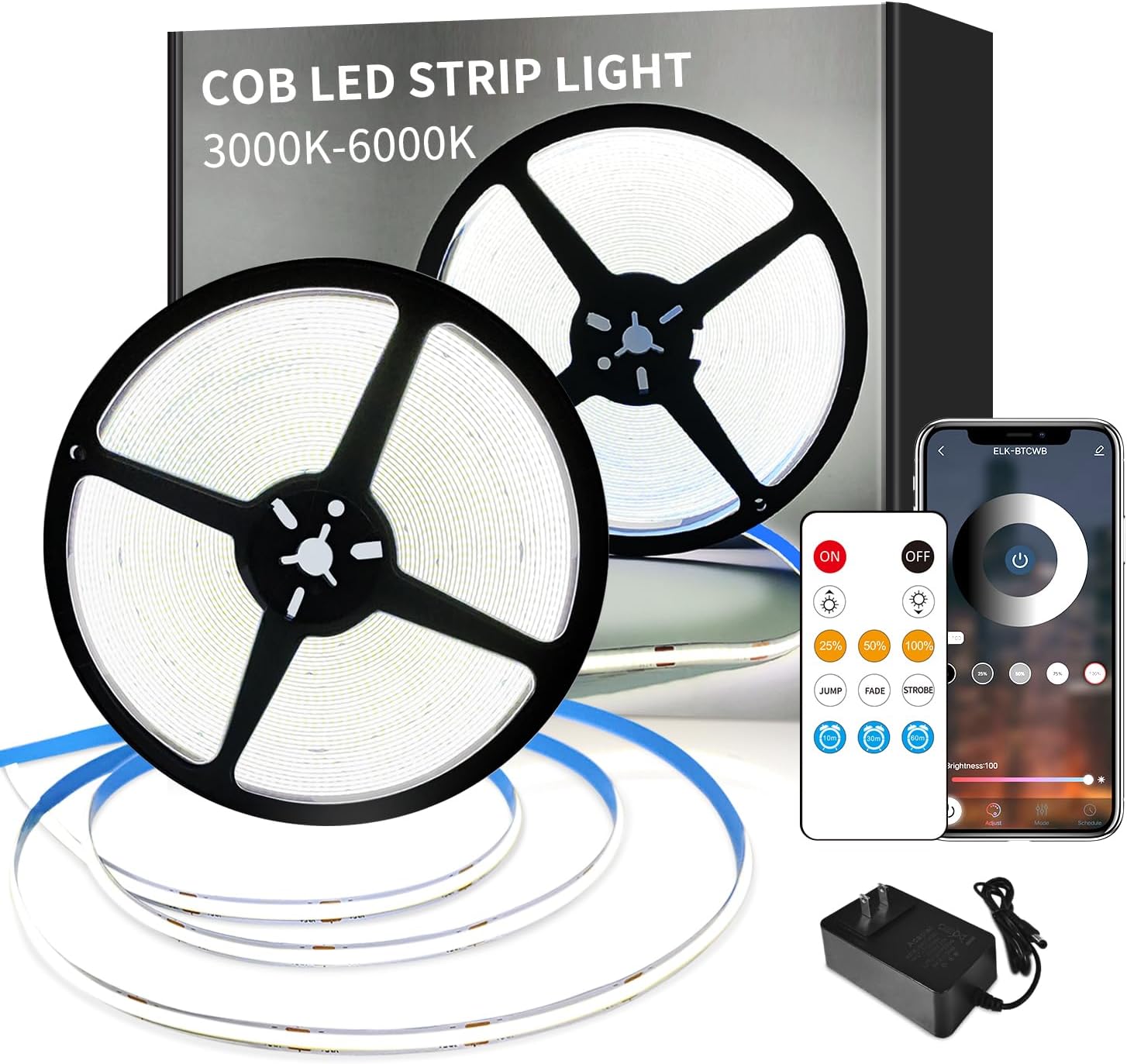 COB LED Strip Lights 3000K 65.6ft DC 24V Dimmable White Flexible LED Tape Light for Bedroom, with Remote and app Control LED Tape Lights CRI90+,forLiving Room, Shelf, Cabinet Home Decoration