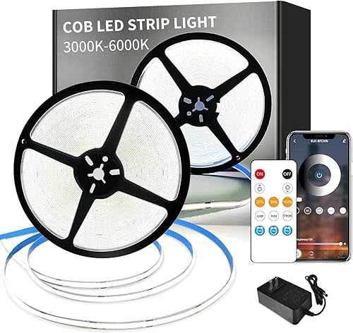 Miniatura 1 de COB Tira de luces LED 6000K 65.6ft DC 24V regulable blanco flexible luz de cinta LED para dormitorio, con control remoto y aplicación, luces de