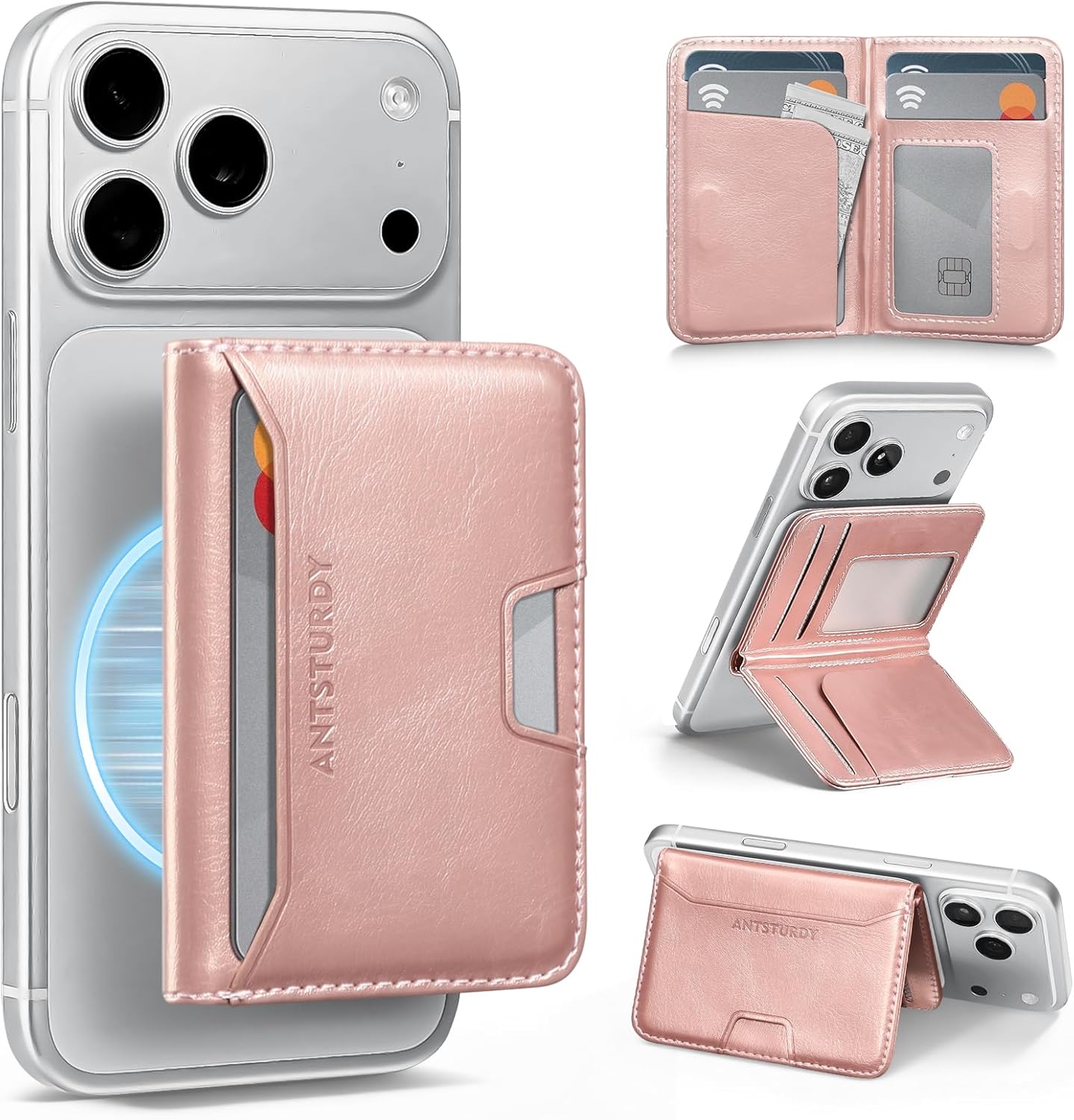 Antsturdy for Magsafe Wallet Stand with Holder,PU Leather RFID Blocking Card Holder,5 Card Slots,Strong Magnet Minimalist Flip Folio Kickstand for iPhone 17/16/15/14/13/12/Pro/Max/Plus/Air,Rose Gold