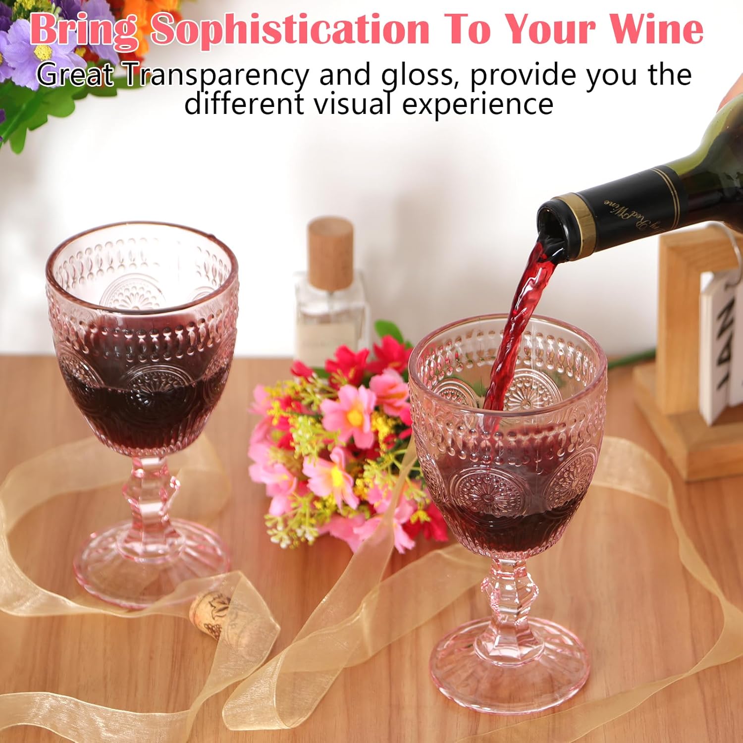 Valentine's Day Pink Glass Goblets Wine Glassware, 10 oz Vintage Wine Glasses Set of 12, Romantic Wedding Glass Set, Embossed Drinking Stemware Beverage Cups for Wedding Party Bar - Image 7