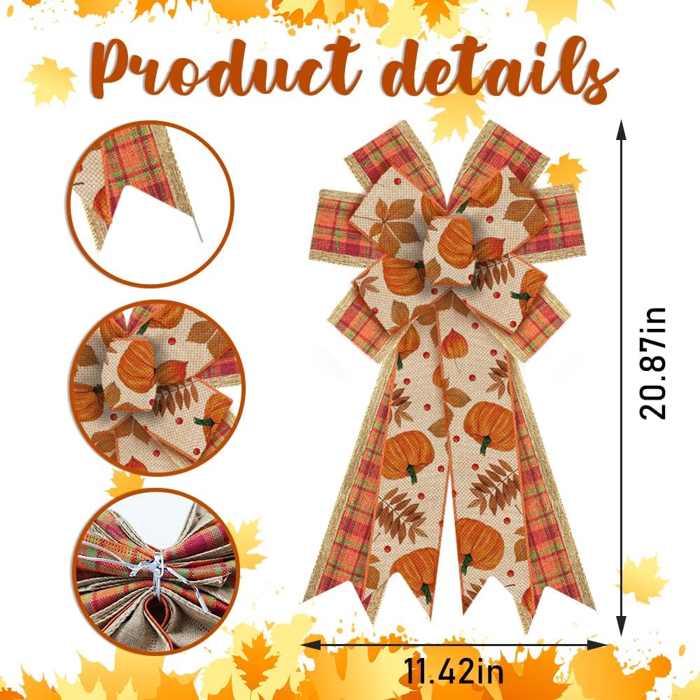 Estivaux Large Fall Pumpkin Wreath Bows for Front Door, Thanksgiving Natural Burlap Orange Buffalo Plaid Autumn Pumpkin Leaves Tree Topper Bows for Wreath Fall Thanksgiving Day Decorations