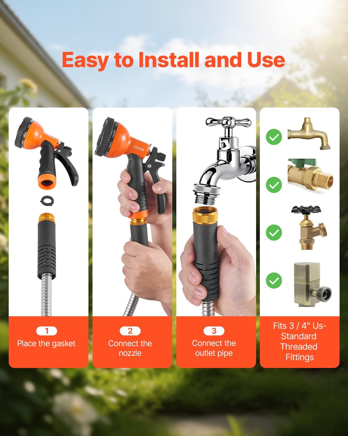 VEVOR Metal Garden Hose 25 ft, Rust Proof Stainless Steel Water Hose, Heavy Duty Backyard Hose with 10 Function Nozzle, No-Kink & Flexible Water Pipe, Lightweight Metal Hose for Yard, Outdoor - Image 6