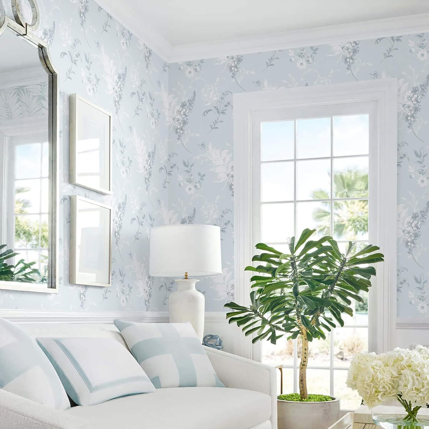 Heroad 17.3inx32.8ft Peel and Stick Wallpaper Delicate Floral Blue Wall Paper French Contact Paper for Cabinet Drawers Self Adhesive Removable Wallpaper for Bathroom Stick on Walls Decor Vinyl Roll