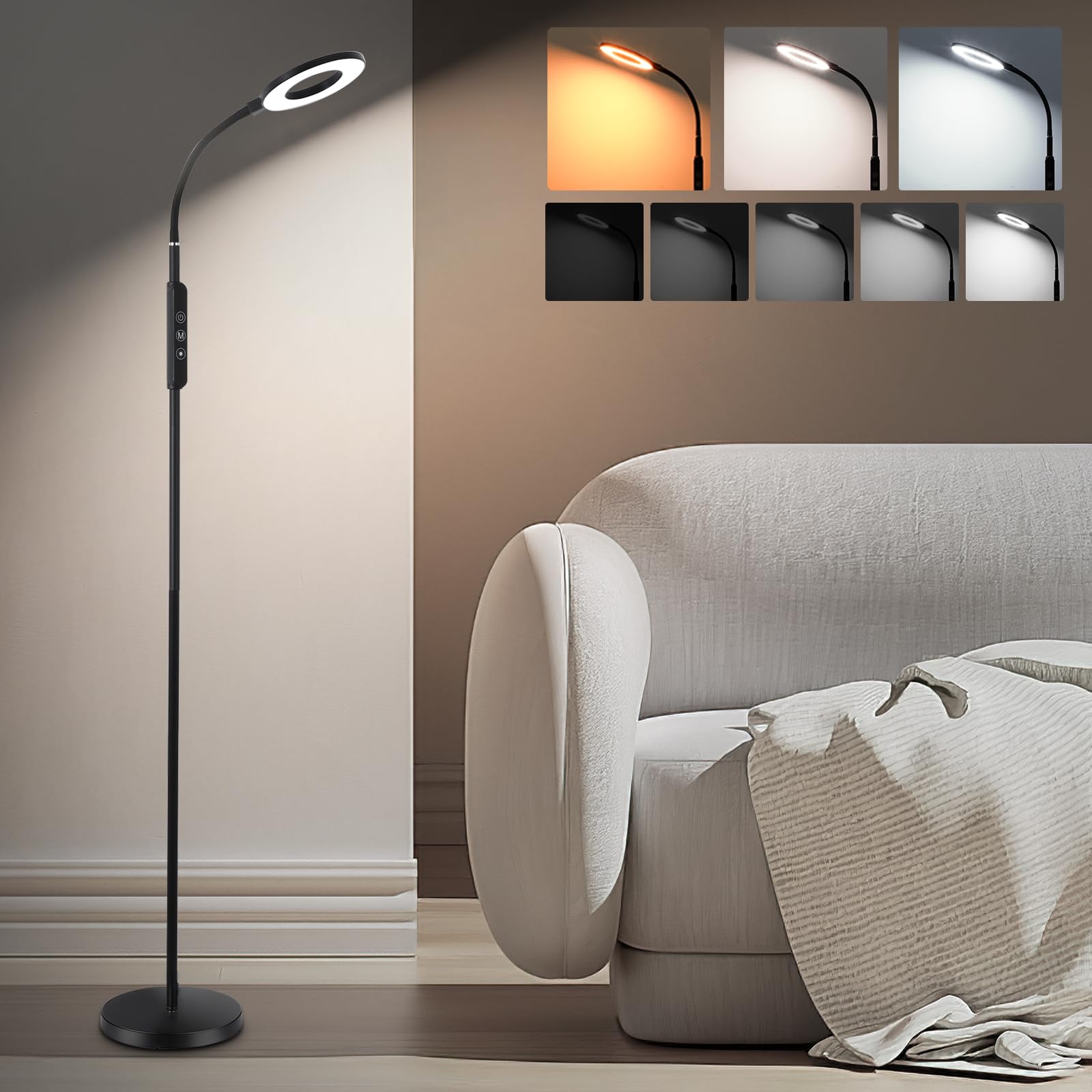 Oraymin LED Stehlampe Wohnzimmer 12W, LED Leselampe Bett mit Fernbedienung, 1H Timer & Memory Funktion, Schwanenhals 360° Verstellbar Stehlampe mit 3 Farbtemperatur, Stehlampen für Schlafzimmer Büro