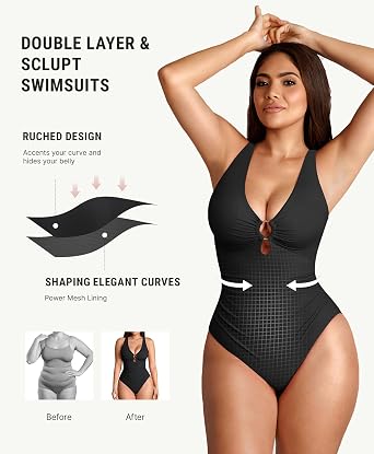 FeelinGirl Women Tummy Control One Piece Swimsuit Deep V Neck Design with Metal Rings Bathing Suit for Women
