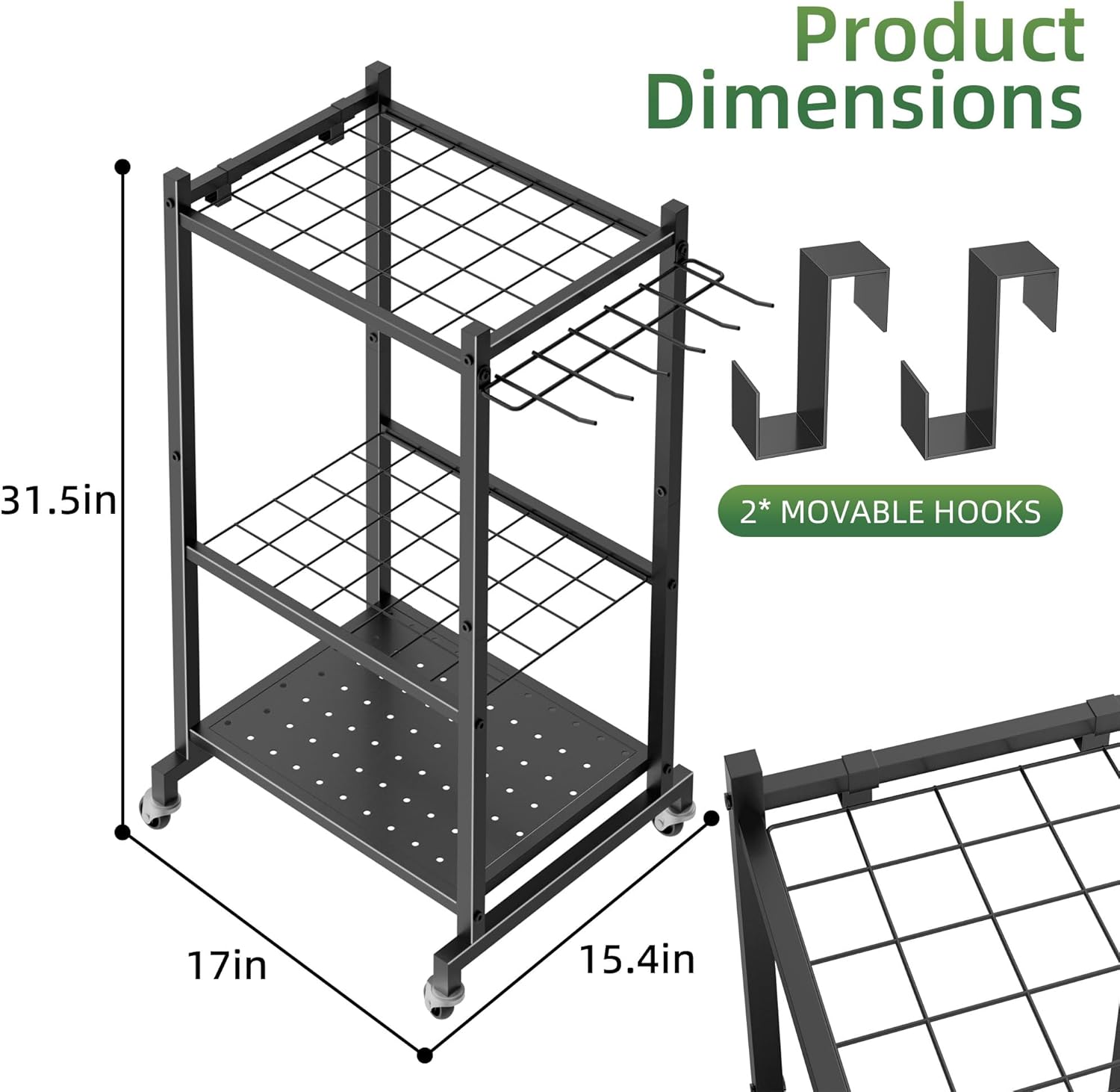 Garden Tool Organizer Stand with Wheels,Yard Tool Organizer for Garage with 2 Hooks, Rack Up to 42 Tools,Broom Holder & Garden Tool Rack for Shed, Patio, Outdoor Use