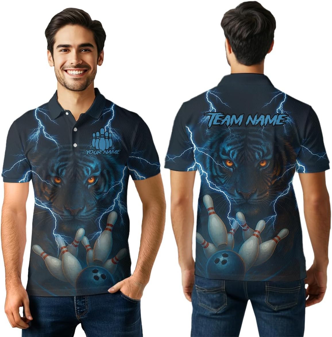 Tiger Bowling Shirts for Team Women Men Custom Bowling Jerseys Blue Lightning Bowling Polo and Quarter Zip Shirt Personalized