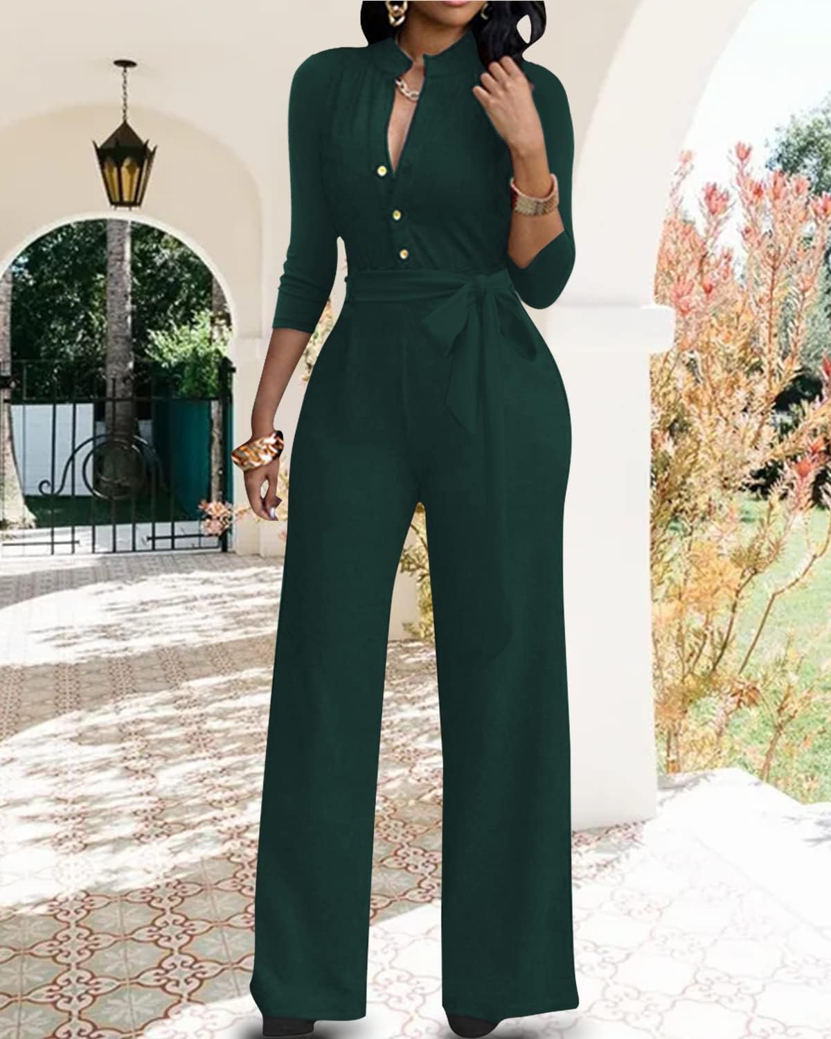 LalaLin Sexy 3/4 Sleeve Jumpsuit for Women V Neck High Waisted Long Wide Leg Pant Button Down Party Romper with Belt - Image 5