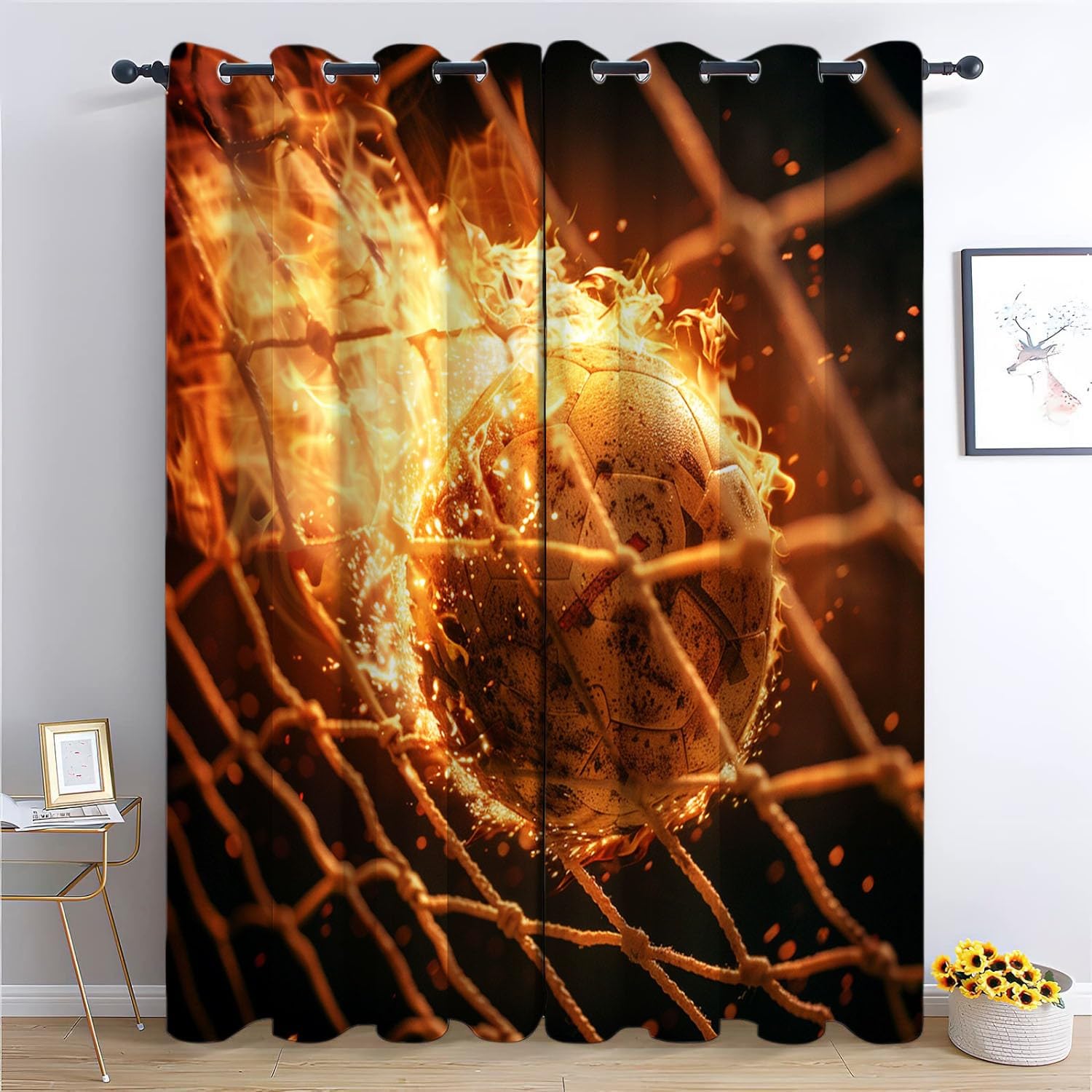 Srigzcaly Football Flame Blackout Eyelet Curtains 72 Drop, Brown Thermal Insulated Window Drapes for Bedroom & Living Room - 2 Panels, Total 92" W x 72" L (234x183cm)