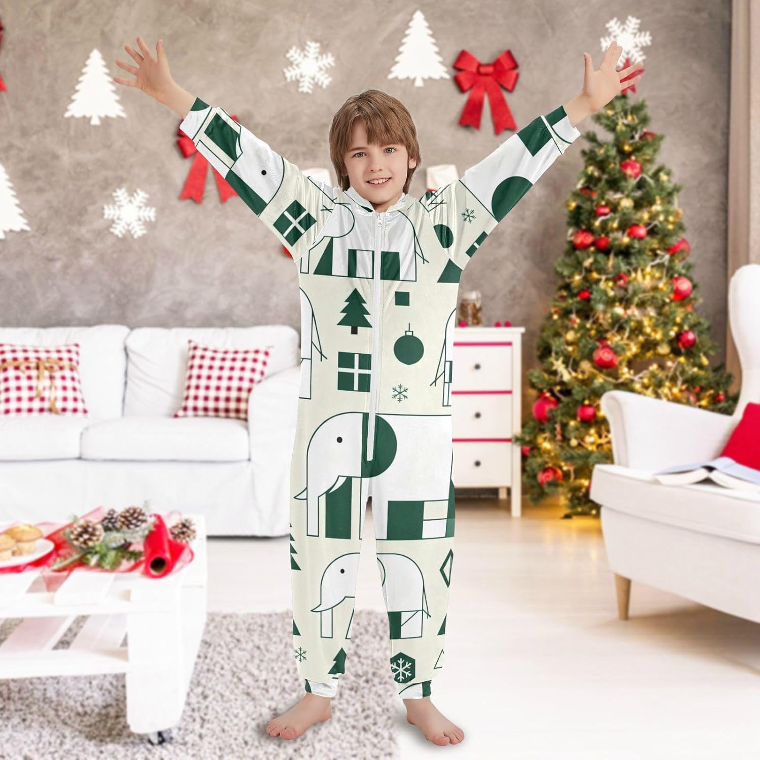 Geometric White Elephant GreenOnesie PajamasSoft Casual Hooded One-Piecing Sleeper PJSfor Christmas Home