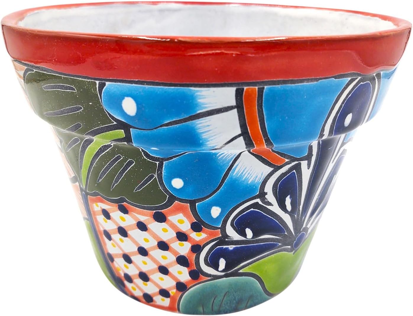 Cactus Canyon Ceramics MACETA GRANJA Mexican Talavera Planter Pot (9" W x 9" L x 6.5" H) Hand Painted - RED Trim - Mexican Decor Planter