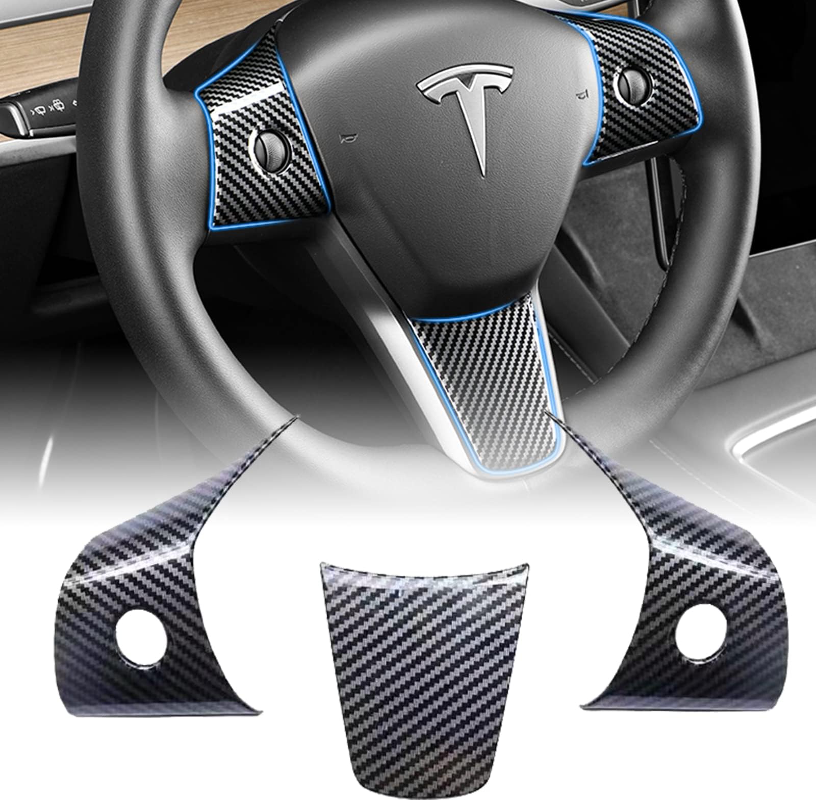 Upgrade Your Tesla Model 3/Y with ZIMABLUE's Carbon Fiber Steering Wheel Cover - 3K Real Carbon Fiber Material - Easy to Install - Protects OEM Parts - Set of 3