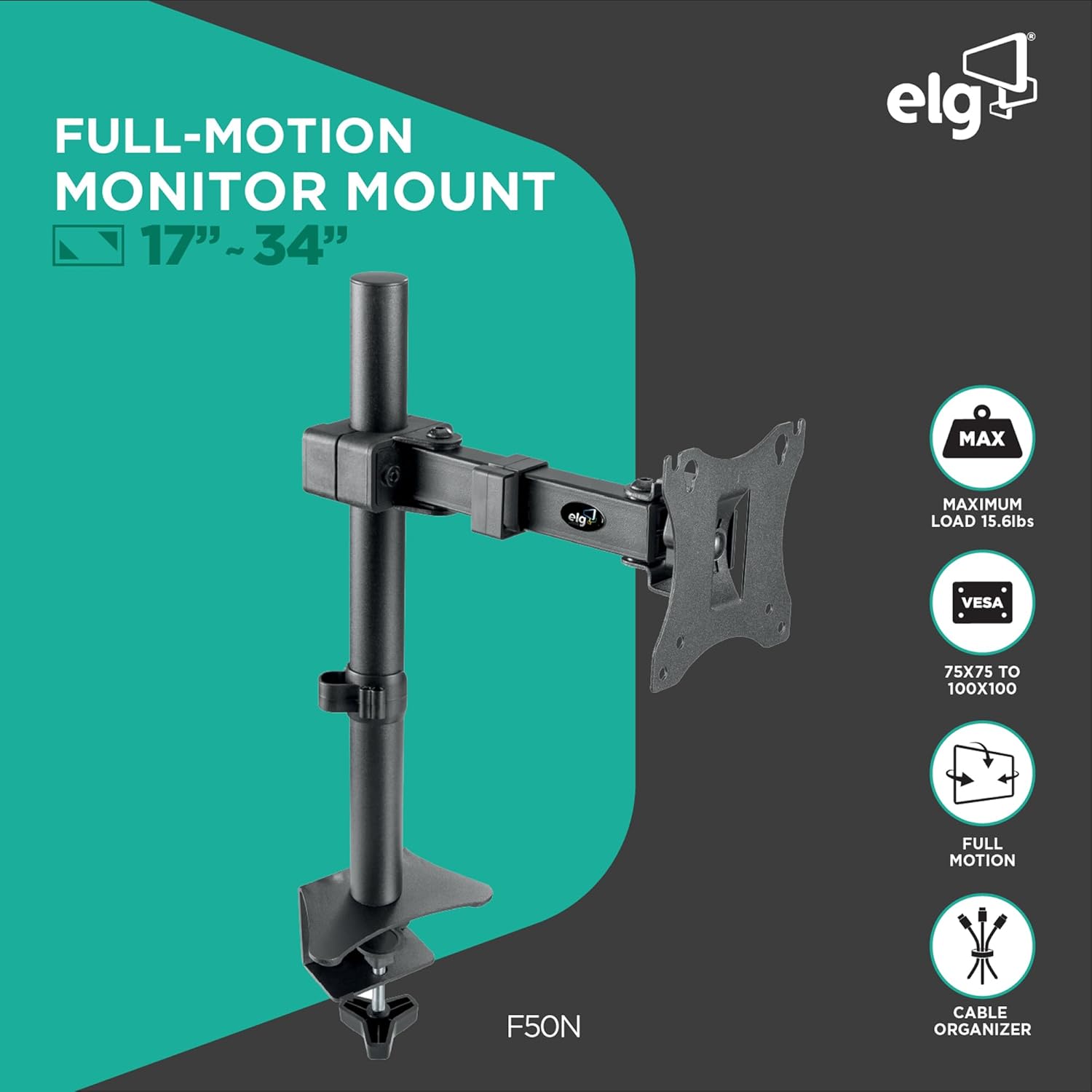ELG Full Motion Swivel Monitor Desk Mount Stand up to 34'' Screen, Adjustable Arm Height Position, Computer Monitor Stand, Gaming/Home Office, F50N, Black