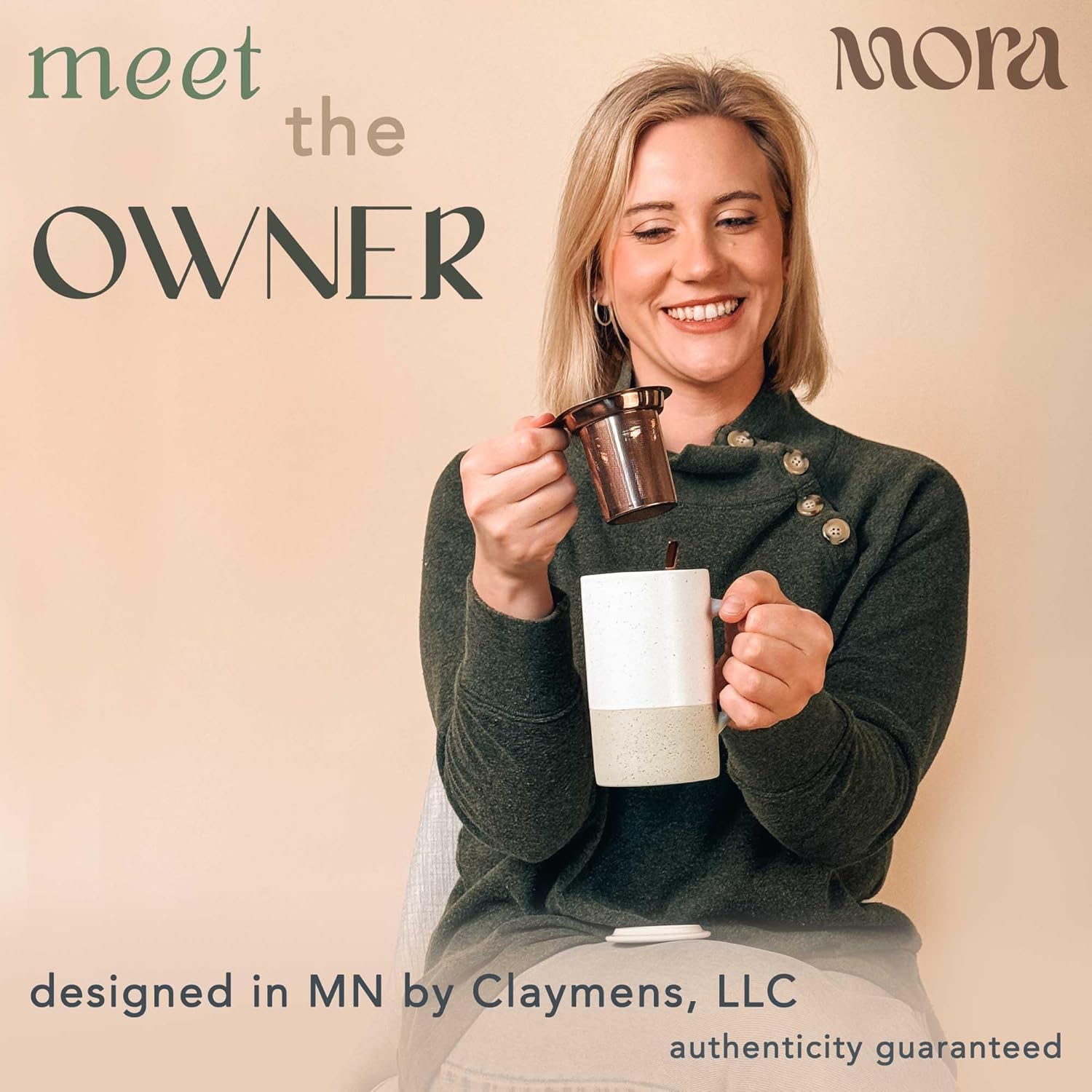 Mora Ceramics Tea Cup with Loose Leaf Infuser, Spoon and Lid, 12 oz, Microwave and Dishwasher Safe Coffee Mug - Rustic Matte Ceramic Glaze, Modern Herbal Tea Strainer - Great Gift for Women, Limestone - Image 3