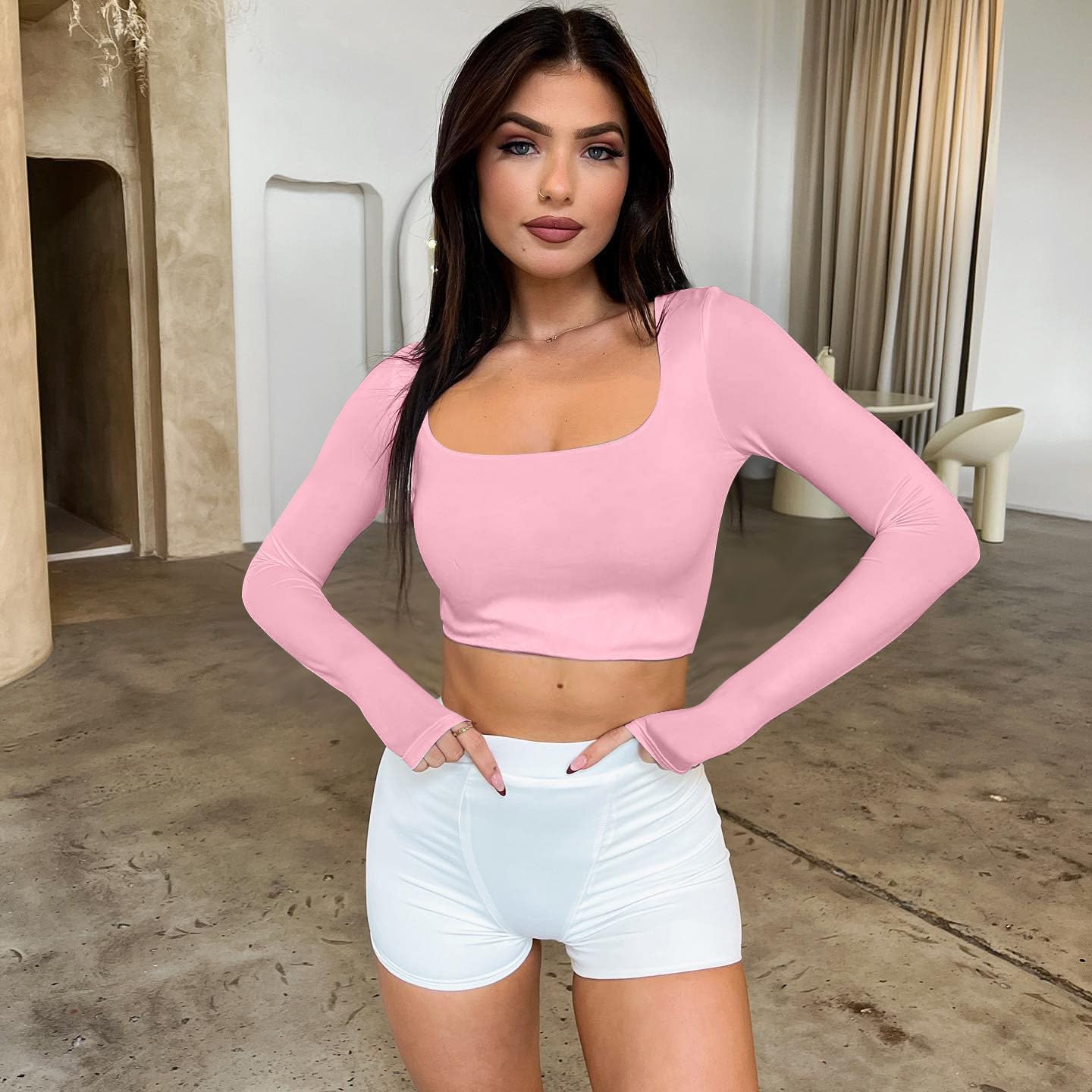 Women's Basic Long Sleeve Square Neck Crop Top Double Lined Slim Fit T-Shirt - Image 3