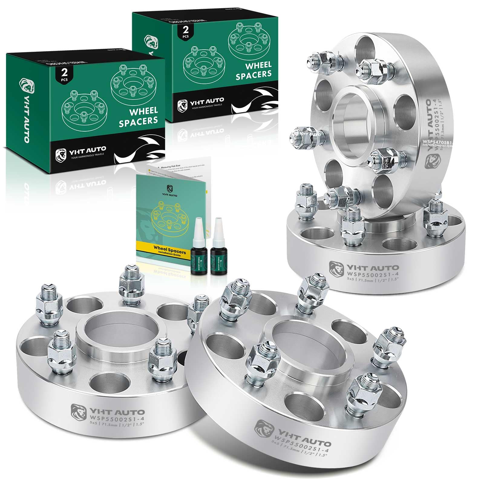 YHTAUTO 5x5 Wheel Spacers 1.5 Inch Compatible with 1999-2018 Jeep Grand Cherokee Wrangler Commander 5x127mm Tire Spacers w/ 1/2"-20 & 12.9 Grade Studs, 71.5mm Hub Bore 5 Lug 4PCS Silver Wheel Adapter