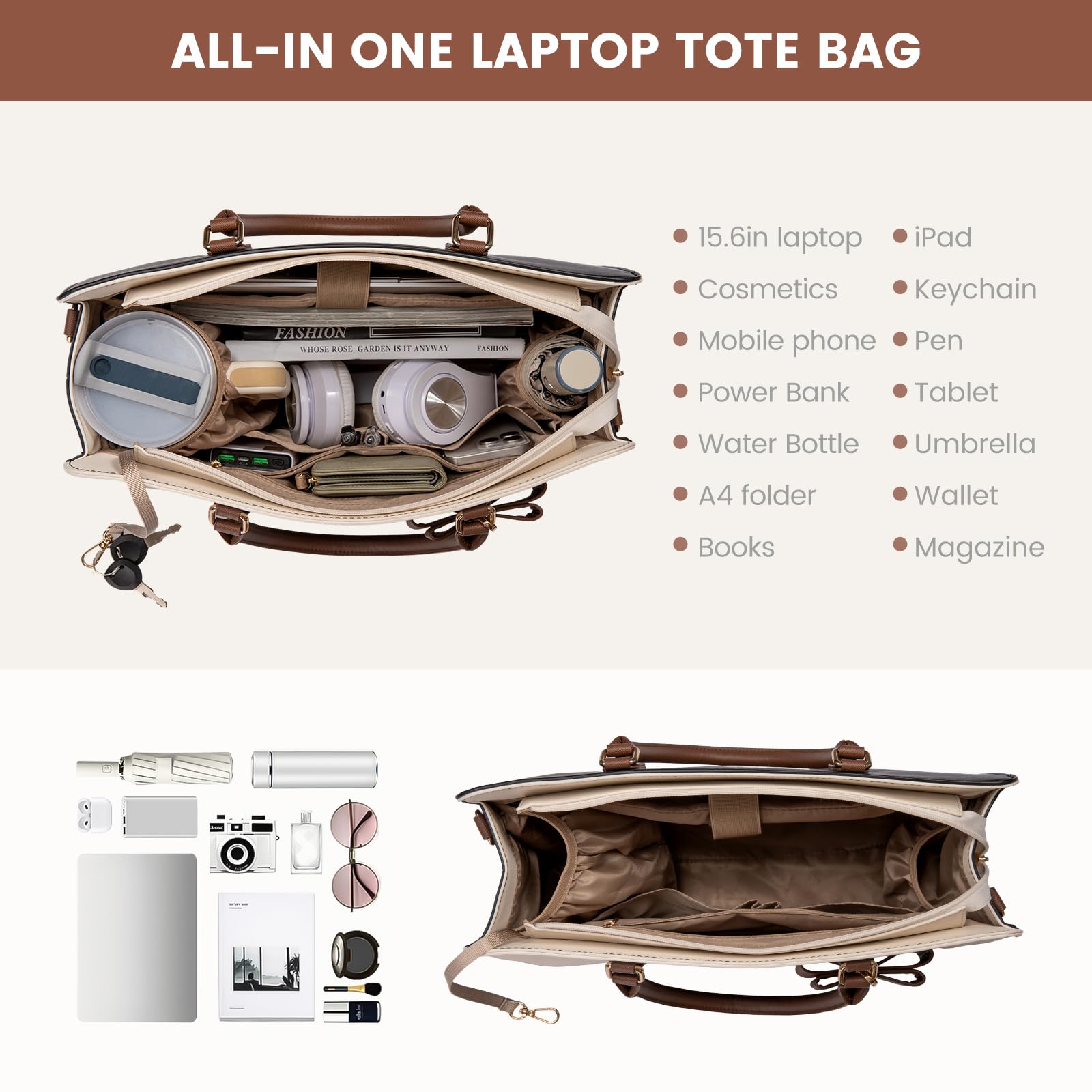 LOVEVOOK Handtasche Damen Groß, 15,6 Zoll Laptoptasche Arbeitstasche Elegant Uni Tasche Schultasche Lehrertasche, PU Leder Aktentasche Business Shopper Tasche Tote Bag für Schule Büro Arbeit