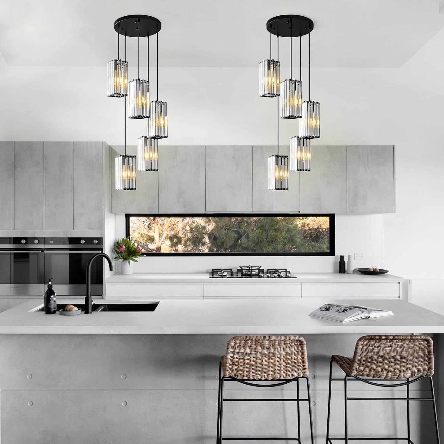 Modern Pendant Light Black Rectangle Pendant Lighting Mini Crystal Chandeliers Adjustable Pendant Light Fixture for Kitchen Island Dinning Room Living Room Corridor Bedroom(Black 5-Light)