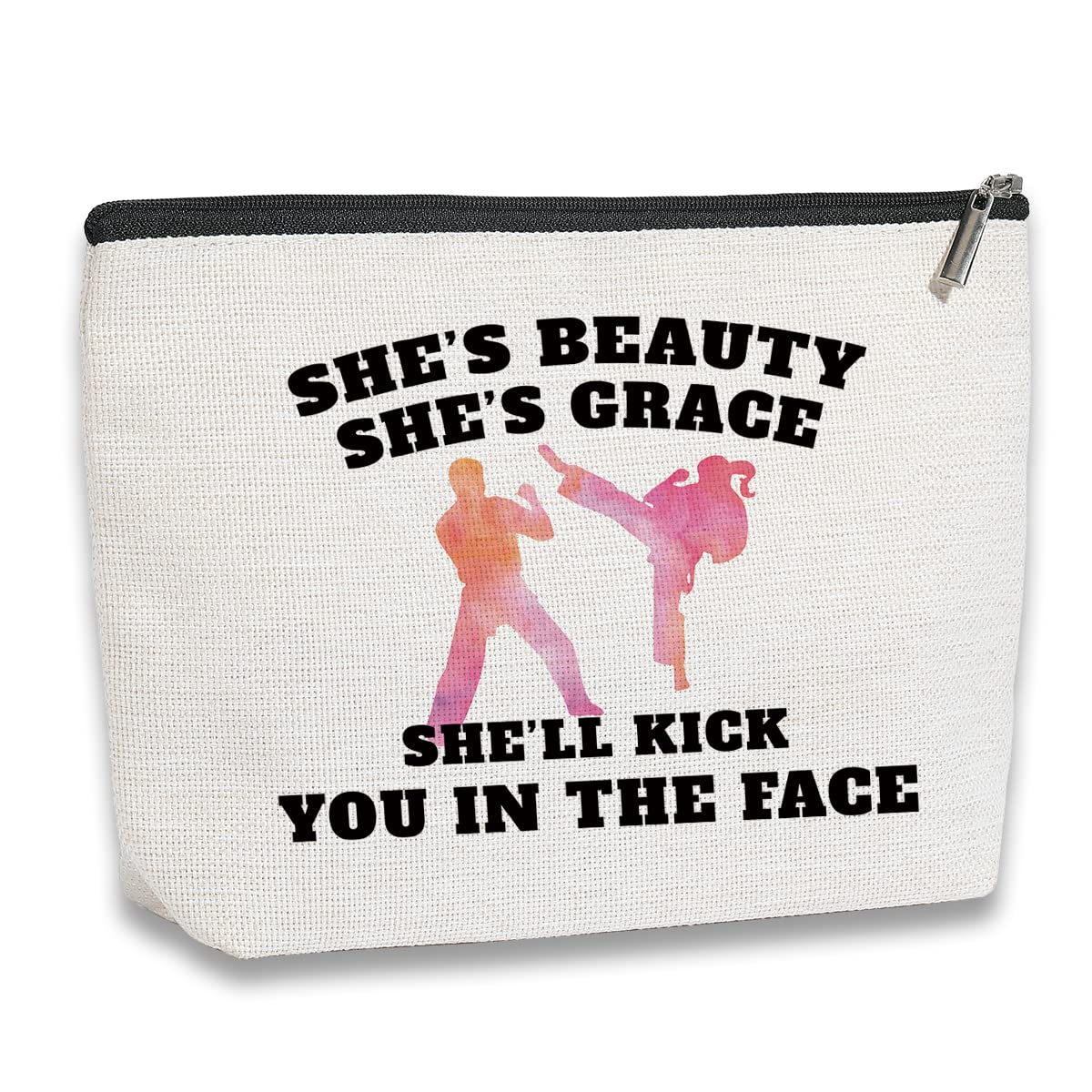 kdxpbpzCosmetic Case for Women, Waterproof Flax Material, Beige Letter Print, Zipper Pouch, Perfect for Travel