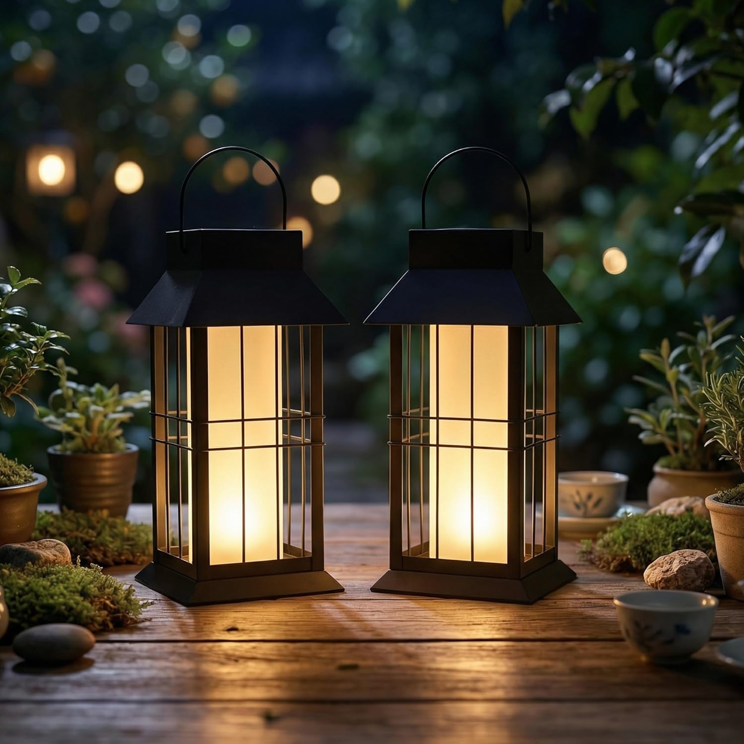 Solar Hanging Lantern Outdoor Waterproof,Black Heavy Duty Metal Solar Powered Hanging or Table Lamp for Patio, Garden, Yard, Porch - Decorative Warm White Lights