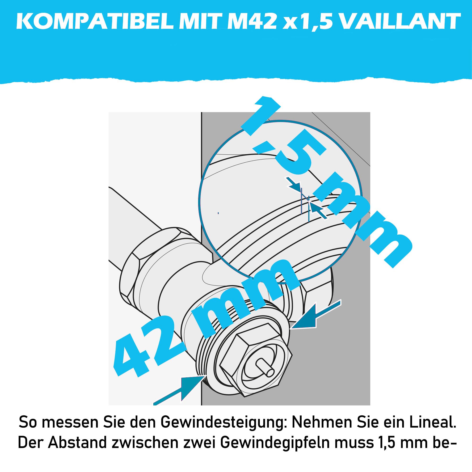 Adapter aus Metall, Heizkörper, M42 x1,5 Vaillant (Prototyp) -> M30 x1,5 für Thermostat/Thermostatkopf, männlich: