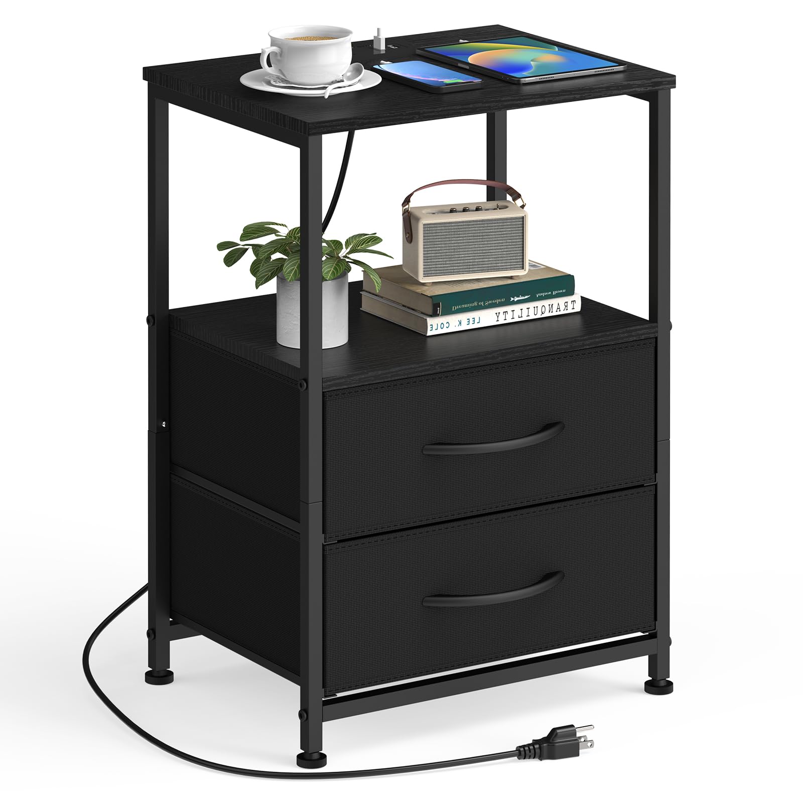 YBING Nightstand with Charging Station End Table with 2 Fabric Drawer Bedside Table with USB Ports and Power Outlets Modern Night Stand with Open Shelf for Bedroom Living Room Black