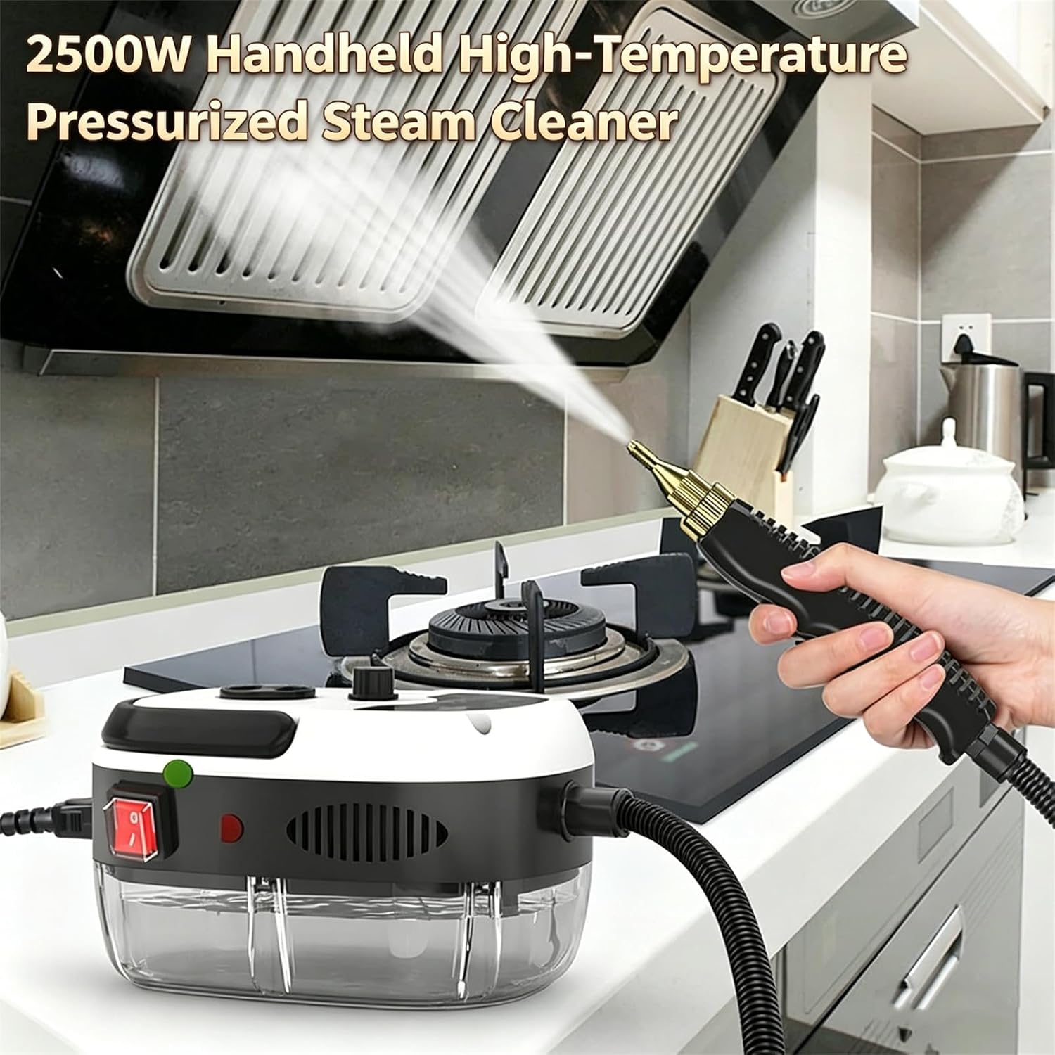 Aless 2500w Handheld High-Temperature Pressurized Steam Cleaner, Large-Capacity 3-Level Adjustable Steamer, Multi-Surface Strong Suction for Car Engine Furniture, Kitchen, Bathroom (White)