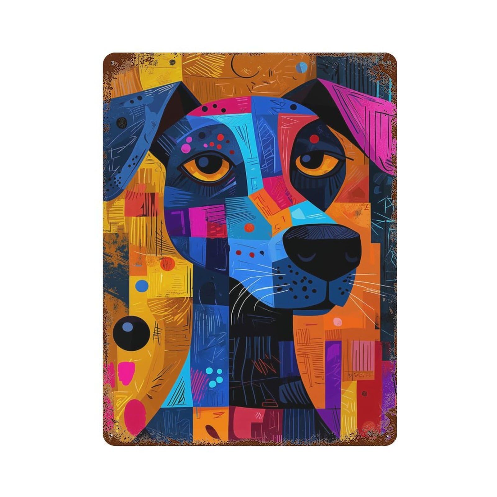 Expressionist Geometry Dog – Vibrant Abstract Canine Art Aged Metal Wall Plaque 15.7"x11.8", Farmhouse Wall Decor for Patio, Garden Room And Bar Decor