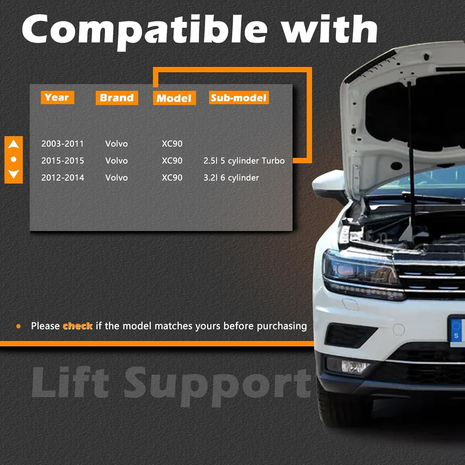 2 Pcs 20.09 in Front Hood Struts Lift Supports Compatible with Volvo XC90 03-14 Shock Gas Spring Prop Rod Cylinder Replaces 30649736 9483815